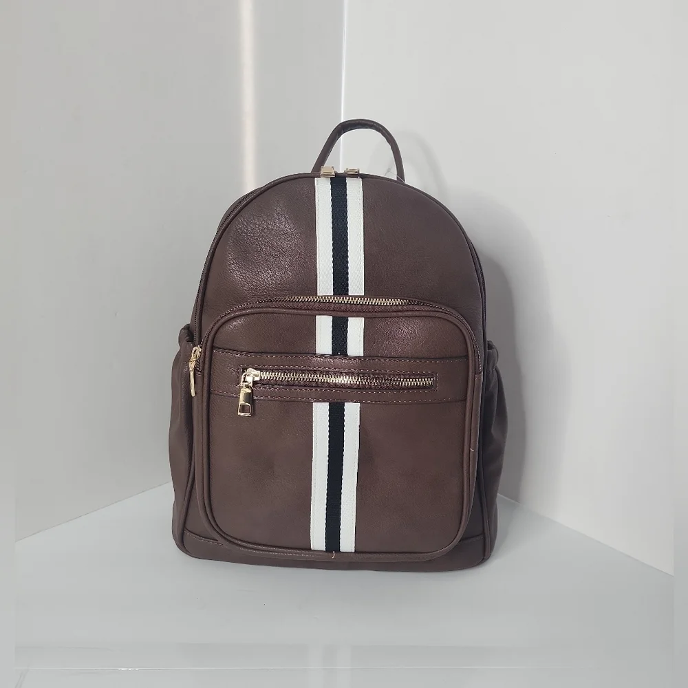 Men's Brown Leather Striped Fashion Unisex Backpack